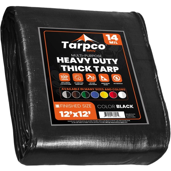 Tarpco Safety 12 ft x 12 ft Heavy Duty 14 Mil Tarp, Black, Polyethylene TS-106-12X12